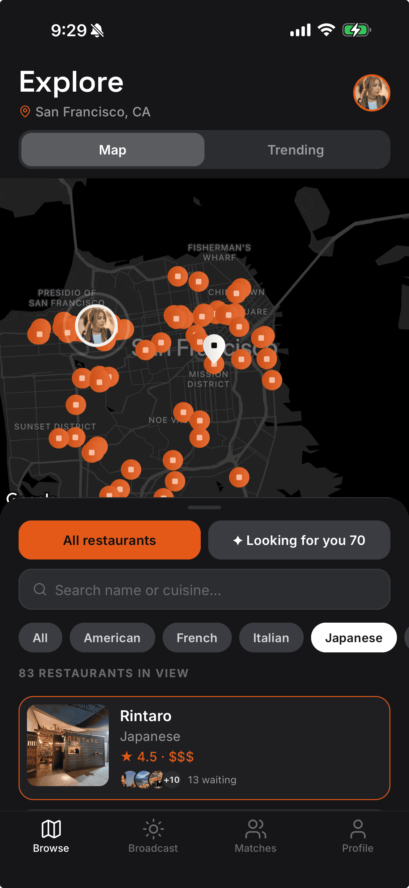 The Meshii Explore map showing restaurants across San Francisco