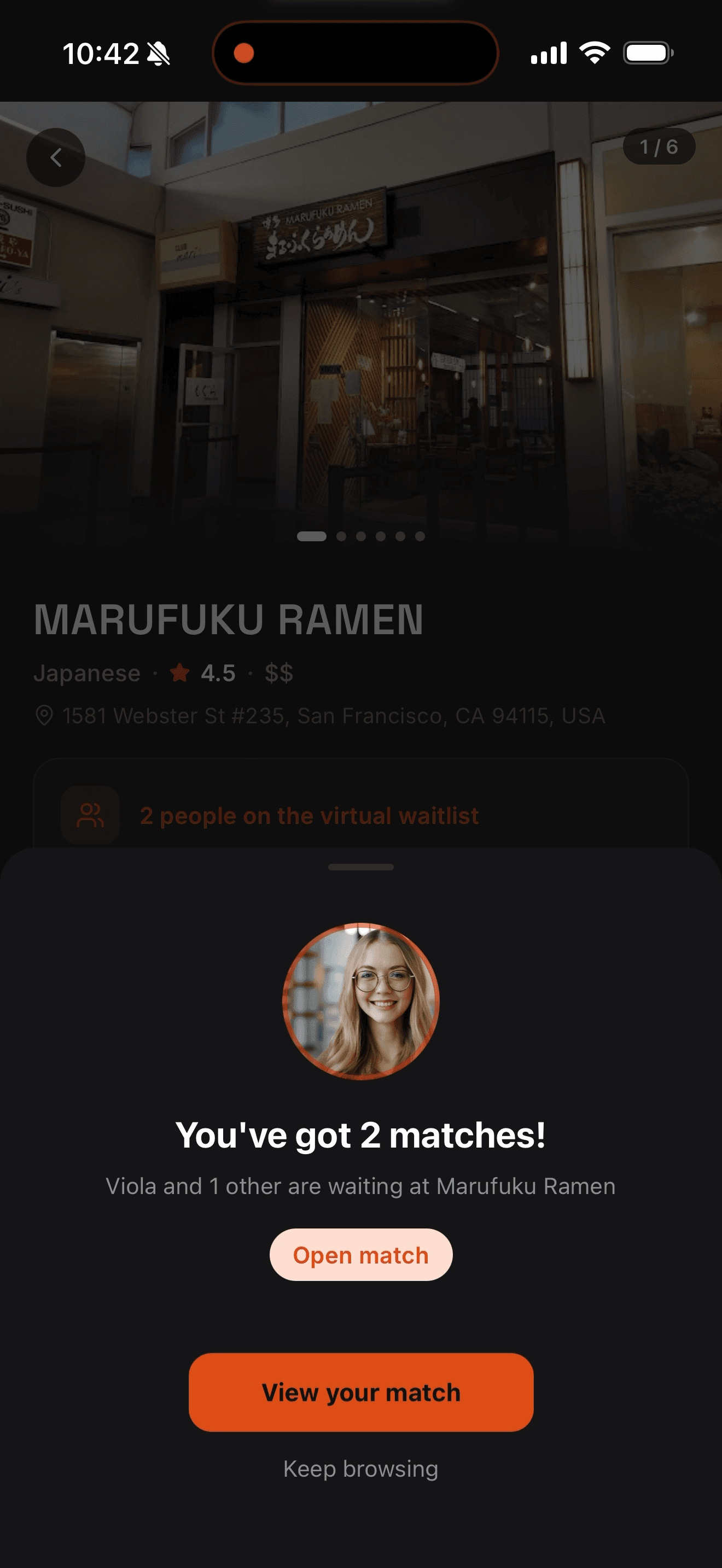 The Meshii app showing two matches waiting at Marufuku Ramen in San Francisco.
